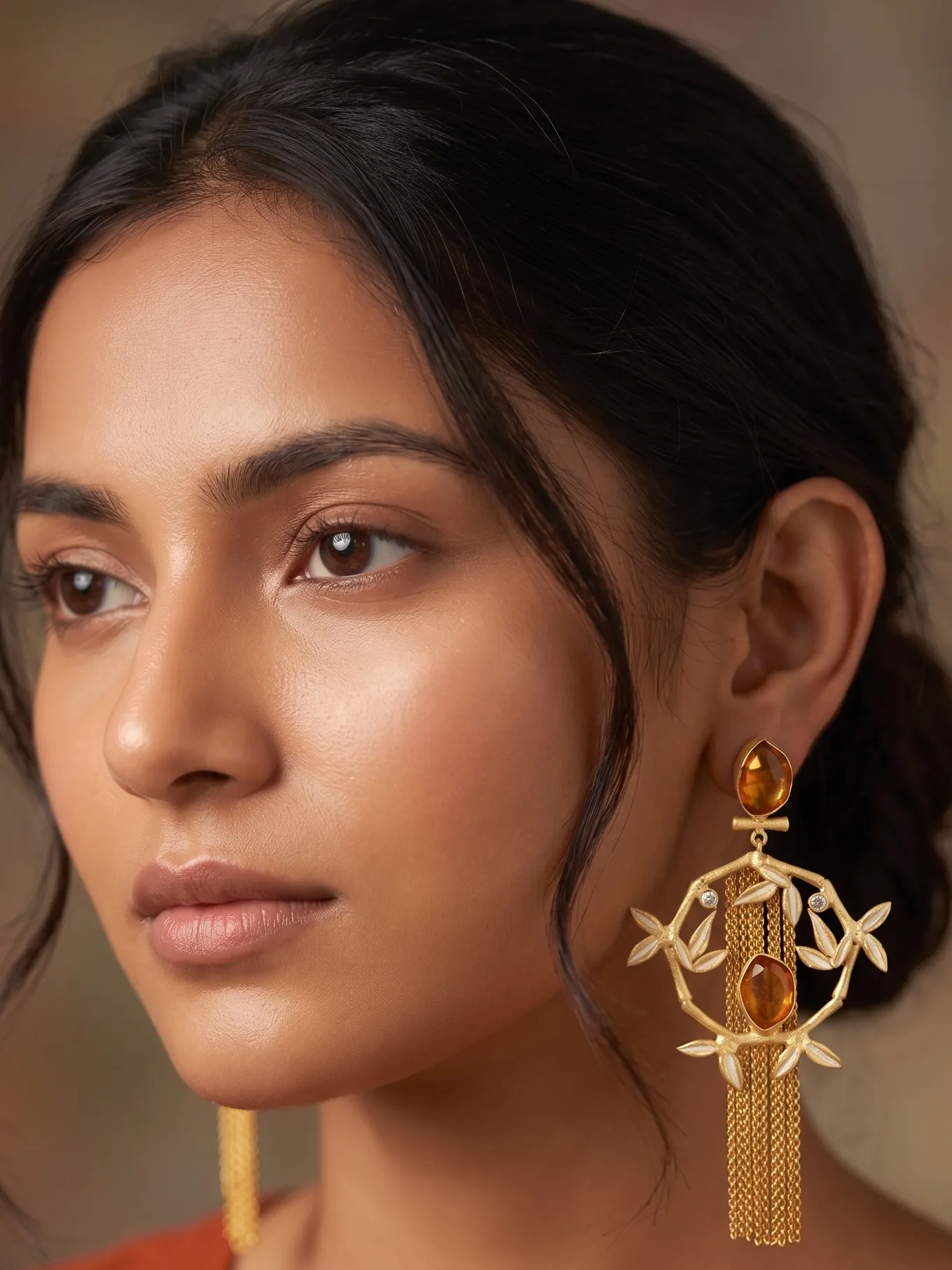 Luminary Enamelled Bamboo Diamond Fringe Earrings with Honey Amber Gemstones 1 Close-up of a model wearing long gold-tone statement fringe earrings featuring an oval faceted honey amber stud, a dangling diamond-shaped bamboo frame accented with cream enamel leaves, a central matching oval amber gemstone, and a long cascading waterfall of fine gold chain tassels.