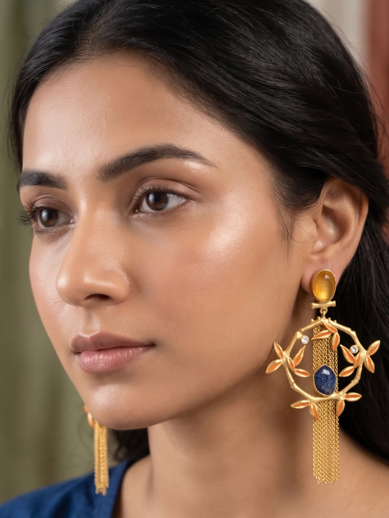 Luminary Enamelled Bamboo Diamond Fringe Earrings with Lapis Blue & Amber Yellow Gemstones 1 Close-up of a model wearing long gold-tone statement fringe earrings featuring an oval translucent yellowish-brown amber stud stone, a dangling diamond-shaped bamboo frame accented with bright saffron orange enamel leaves, a central oval royal blue lapis-style gemstone, and a long cascading waterfall of fine gold chain tassels.