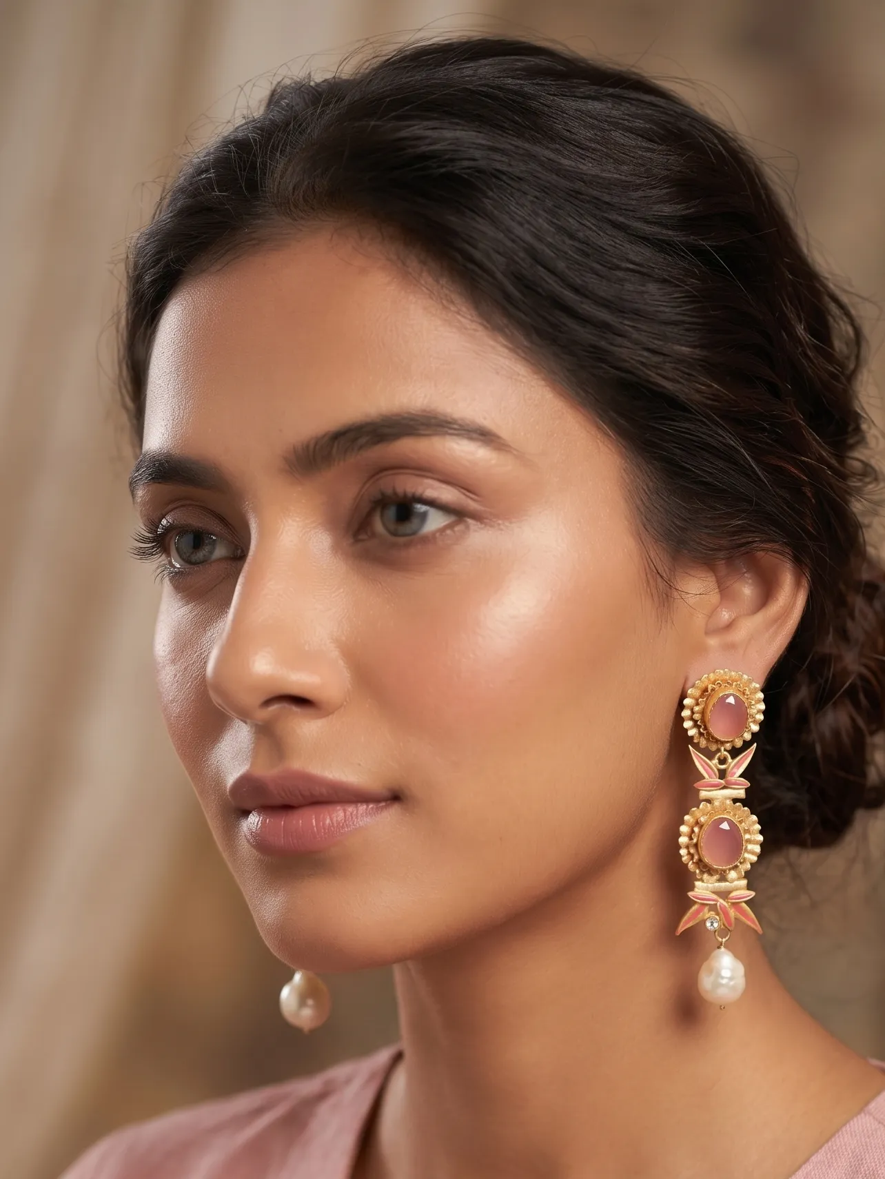 Heritage Enamelled Bamboo Tiered Medallion Drop Earrings with Soft Pink Gemstones & Baroque Pearls 1 Close-up of a model wearing gold-tone linear statement earrings featuring a tiered arrangement of two fluted concentric medallions set with translucent soft pink stones, separated by peach pink enamel bamboo leaves and crystal nodes, finished with a dangling organic baroque pearl.