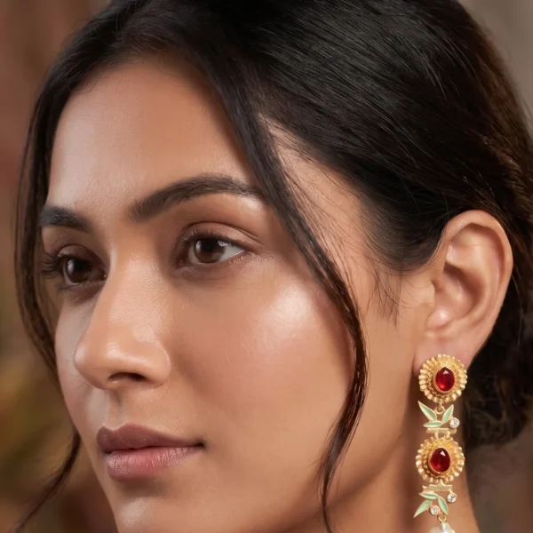 Close-up of a model wearing gold-tone linear statement earrings featuring a tiered arrangement of two fluted concentric medallions set with ruby red stones, separated by mint green enamel bamboo leaves and crystal nodes, finished with a dangling organic baroque pearl.