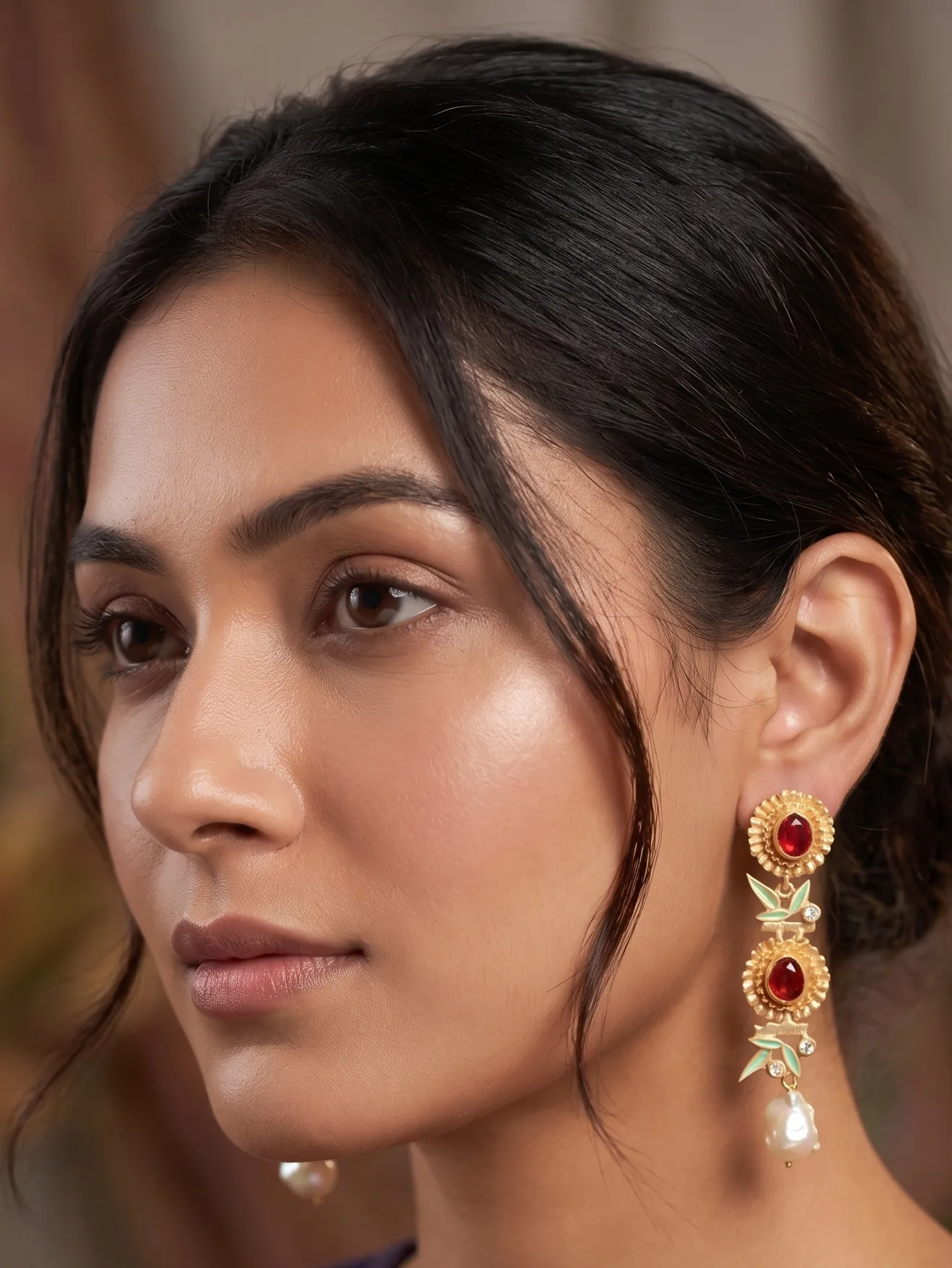 Heritage Enamelled Bamboo Tiered Medallion Drop Earrings with Ruby Red Gemstones & Baroque Pearls 1 Close-up of a model wearing gold-tone linear statement earrings featuring a tiered arrangement of two fluted concentric medallions set with ruby red stones, separated by mint green enamel bamboo leaves and crystal nodes, finished with a dangling organic baroque pearl.