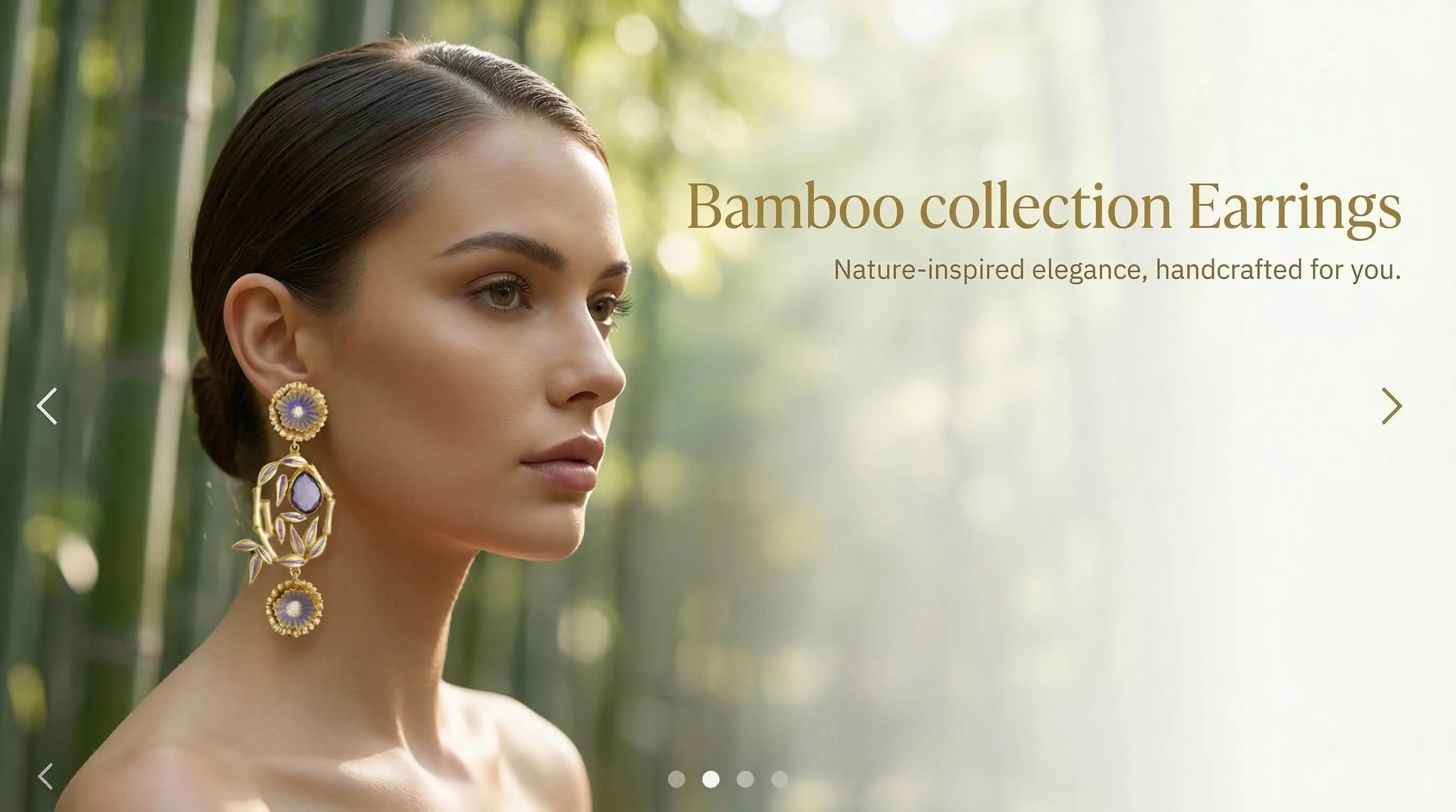 Model wearing bamboo-inspired statement earrings with floral detailing from Belsi’s Bamboo Collection