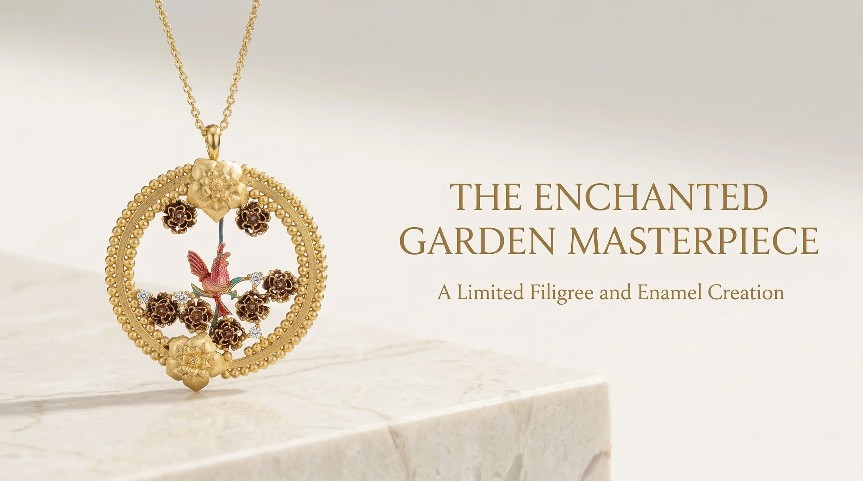 Luxury filigree pendant necklace with floral enamel detailing and bird motif from The Enchanted Garden Masterpiece collection by Belsi’s Jewelry