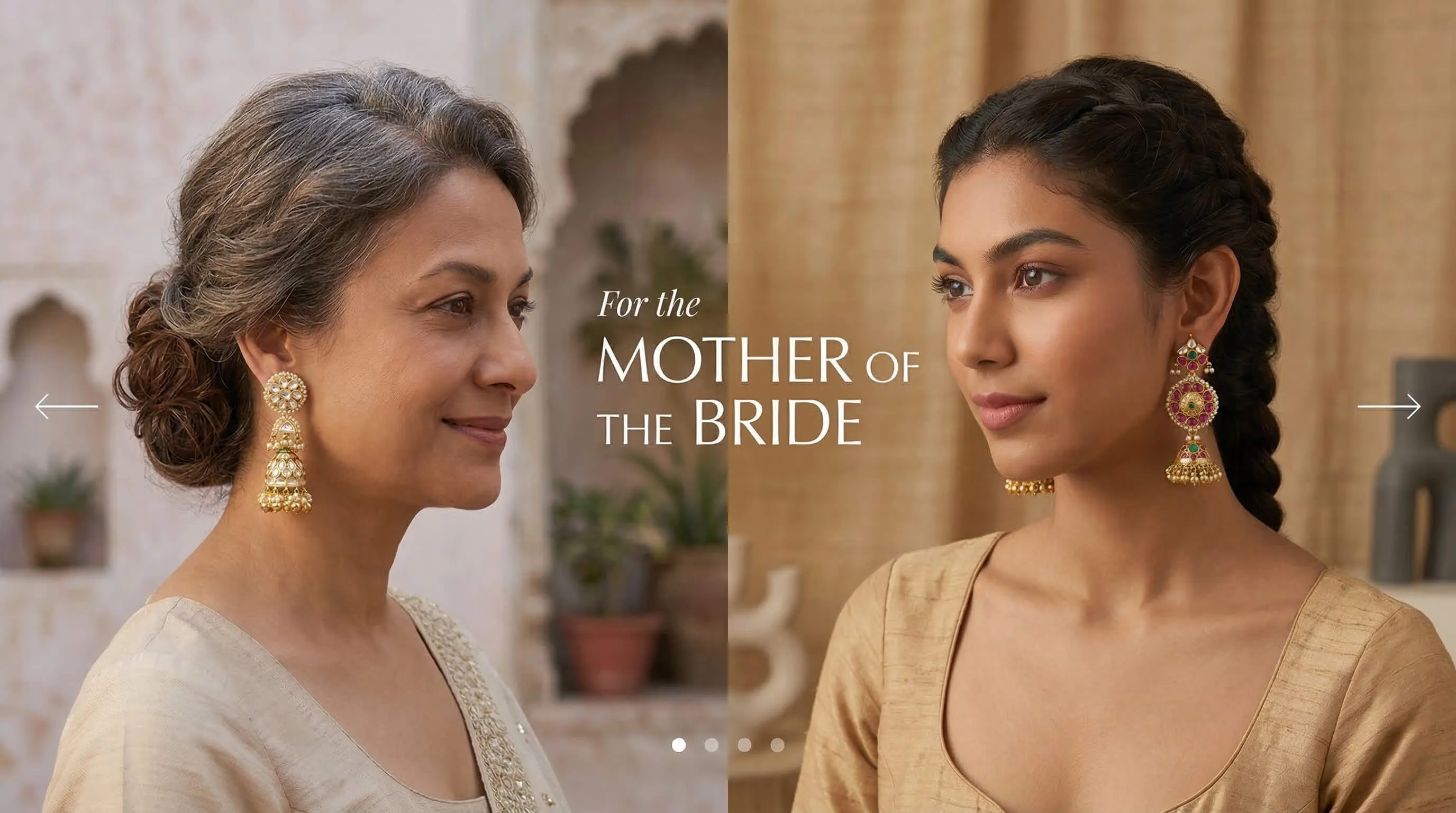 Elegant mother and bride wearing traditional statement earrings from Belsi’s jewelry collection