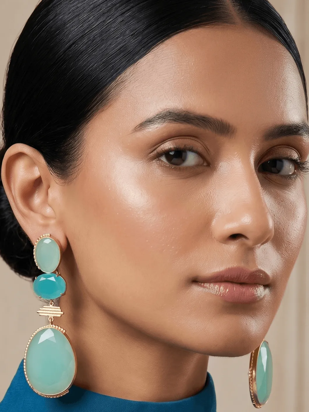 Seafoam Green Quartz Gold Drop Earrings 1 Model styling Belsi's Jewelry seafoam green and turquoise blue quartz three-tier drop earrings featuring handcrafted gold-plated borders.