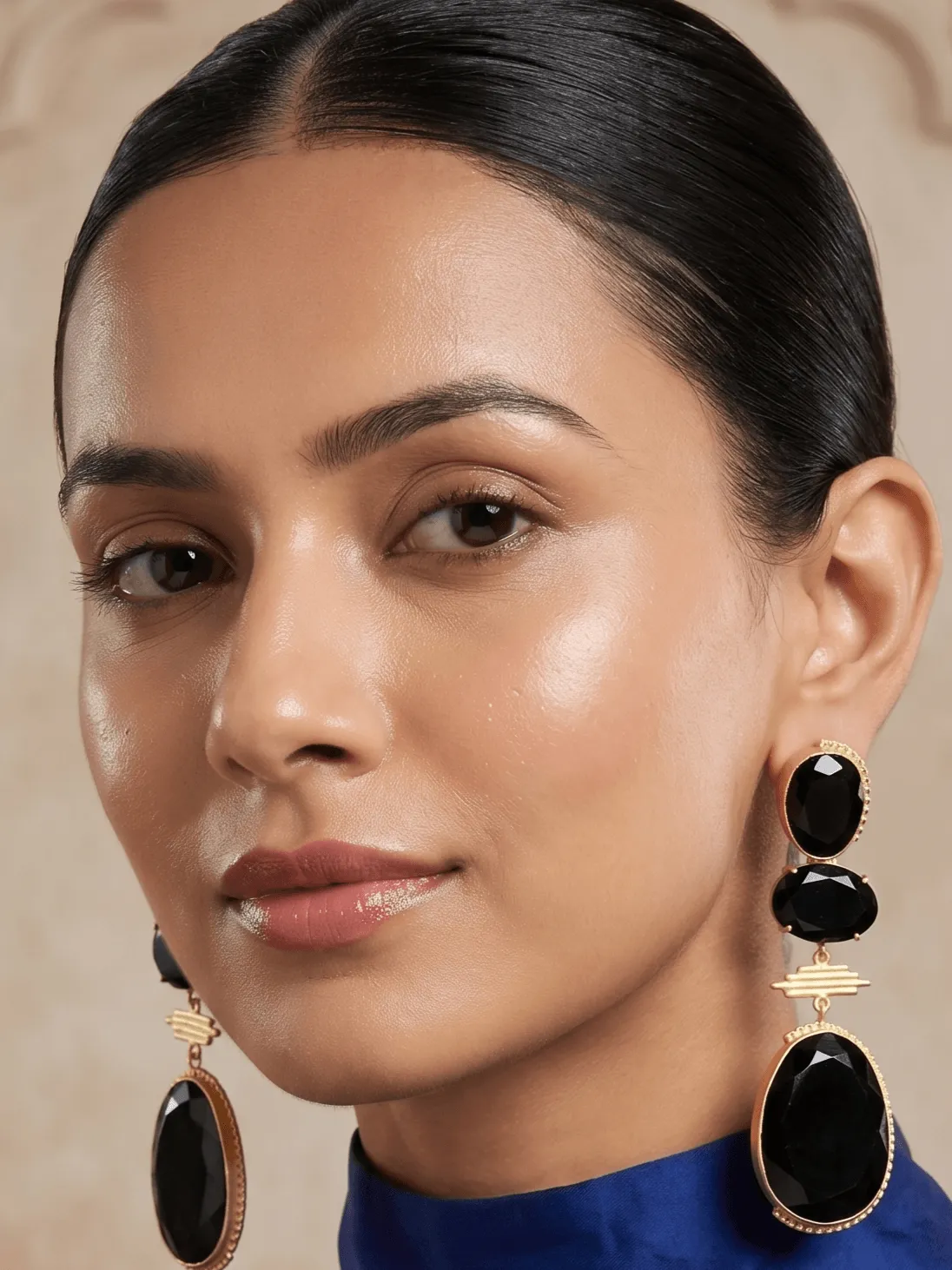 Black Onyx Quartz Three-Tier Drop Earrings 1 Belsi's Jewelry bold black onyx quartz three-tier statement drop earrings featuring handcrafted textured gold-plated borders.