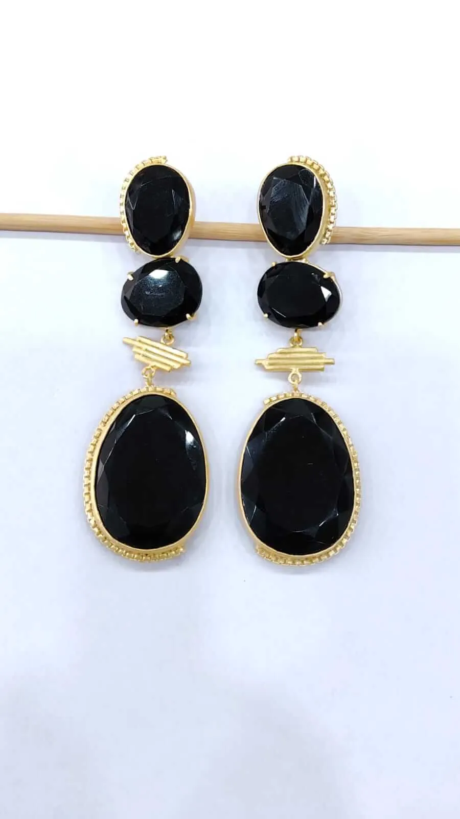 Black Onyx Quartz Three-Tier Drop Earrings 2 Black Onyx Quartz Three-Tier Drop Earrings - Image 2
