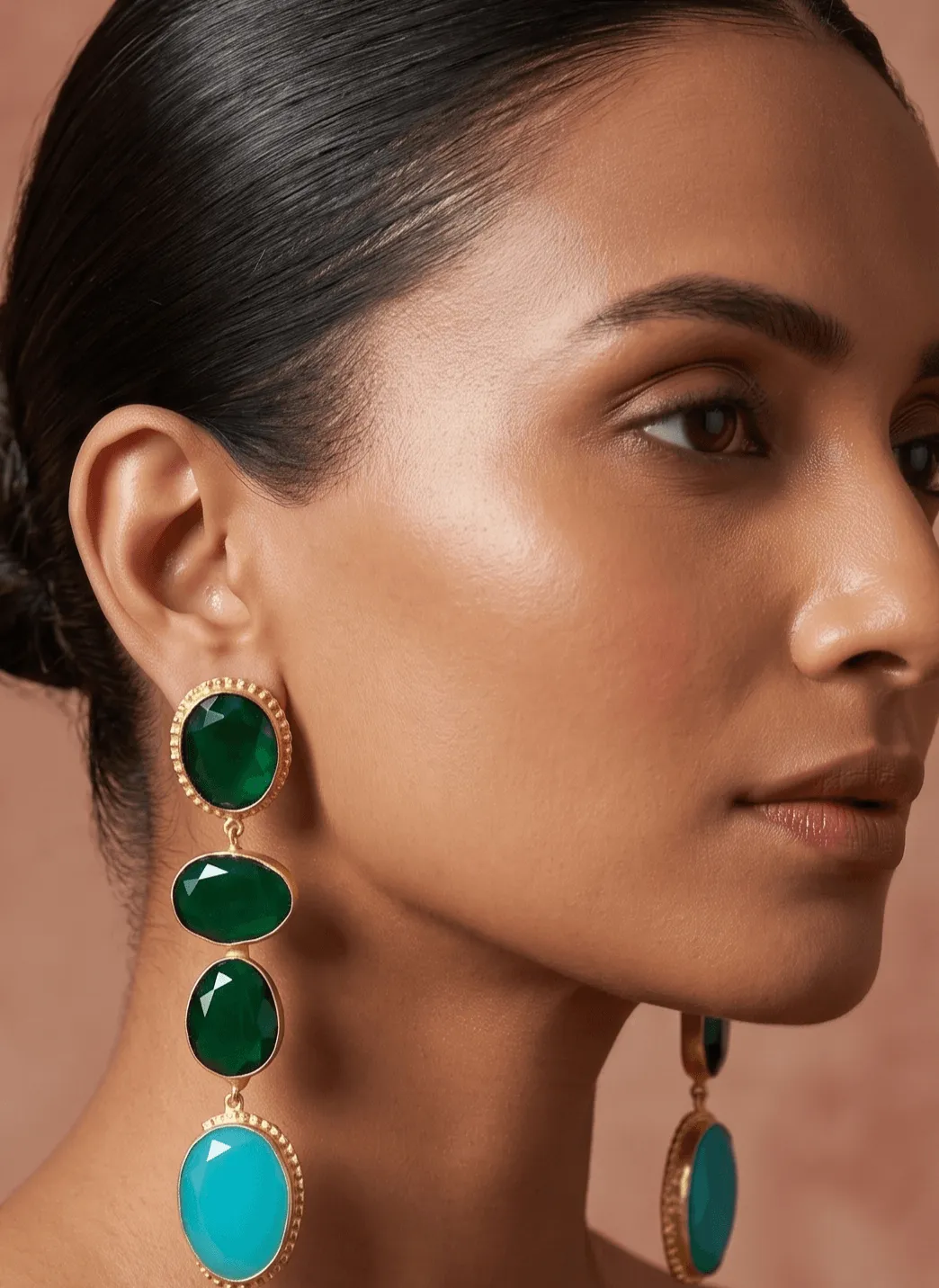 Emerald Green and Turquoise Quartz Multi-Tier Drop Earrings 1 Belsi's Jewelry multi-tier statement drop earrings featuring emerald green faceted quartz stones paired with a vibrant turquoise blue drop element in a handcrafted gold-plated frame.