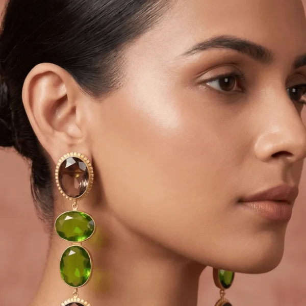 Belsi's Jewelry multi-tier statement drop earrings featuring a unique combination of faceted smoky brown and olive green quartz stones set in handcrafted gold frames.