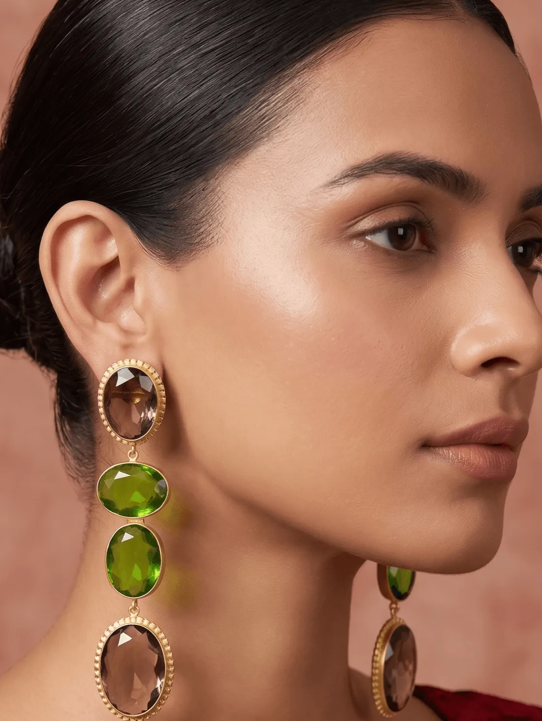 Smoky Quartz and Olive Green Multi-Tier Drop Earrings 1 Belsi's Jewelry multi-tier statement drop earrings featuring a unique combination of faceted smoky brown and olive green quartz stones set in handcrafted gold frames.