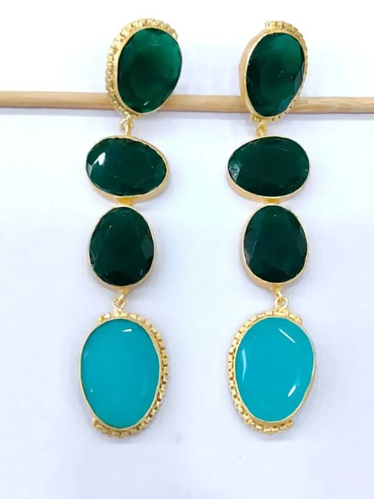 Emerald Green and Turquoise Quartz Multi-Tier Drop Earrings 3 Emerald Green and Turquoise Quartz Multi-Tier Drop Earrings - Image 3