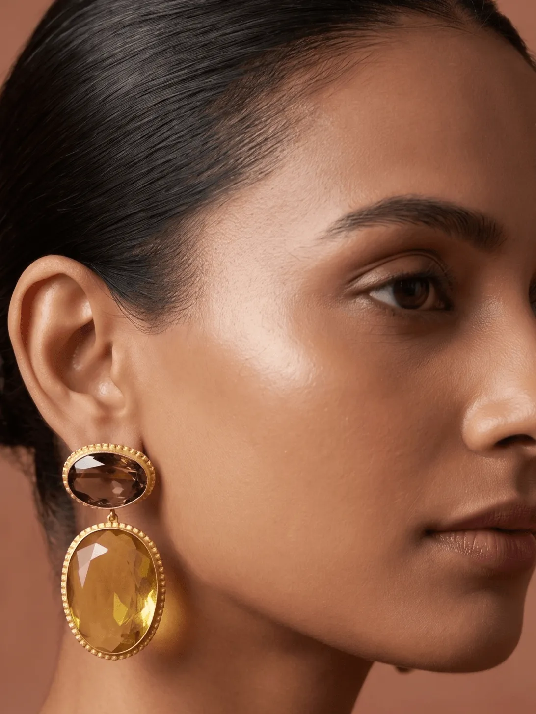 Smoky Quartz and Citrine Yellow Two-Tier Drop Earrings 1 Belsi's Jewelry two-tier statement drop earrings featuring an oval smoky brown quartz top stone and a large, faceted citrine yellow teardrop crystal encased in handcrafted gold-plated borders.