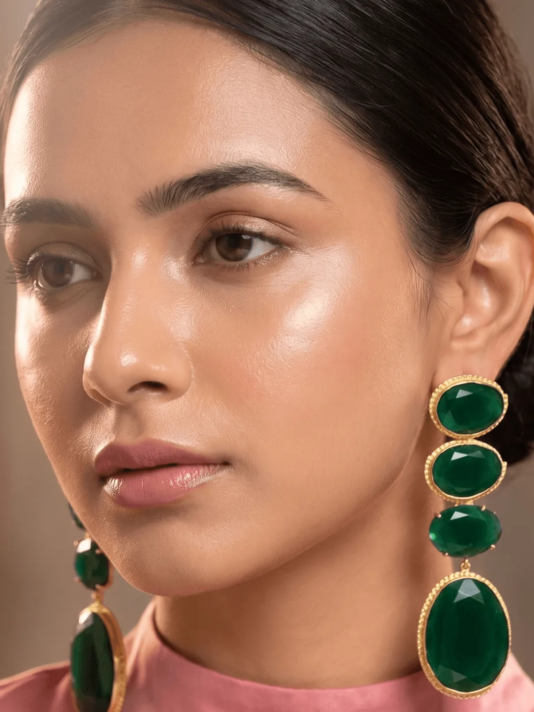 Emerald Green Quartz Multi-Tier Linear Drop Earrings 1 Belsi's Jewelry multi-tier linear statement drop earrings featuring four graduated, faceted deep emerald green quartz stones encased in handcrafted gold-plated frames.