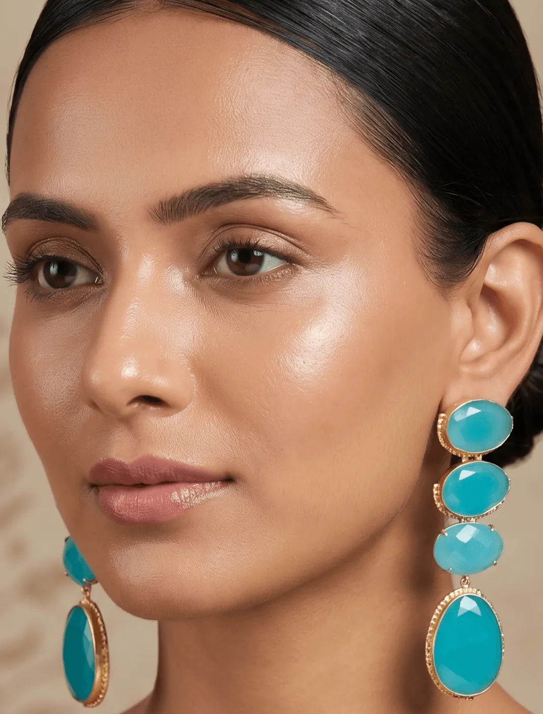 Aqua Blue Quartz Multi-Tier Linear Drop Earrings 1 Belsi's Jewelry multi-tier linear statement drop earrings featuring four graduated, faceted aqua blue quartz stones encased in handcrafted gold-plated frames.